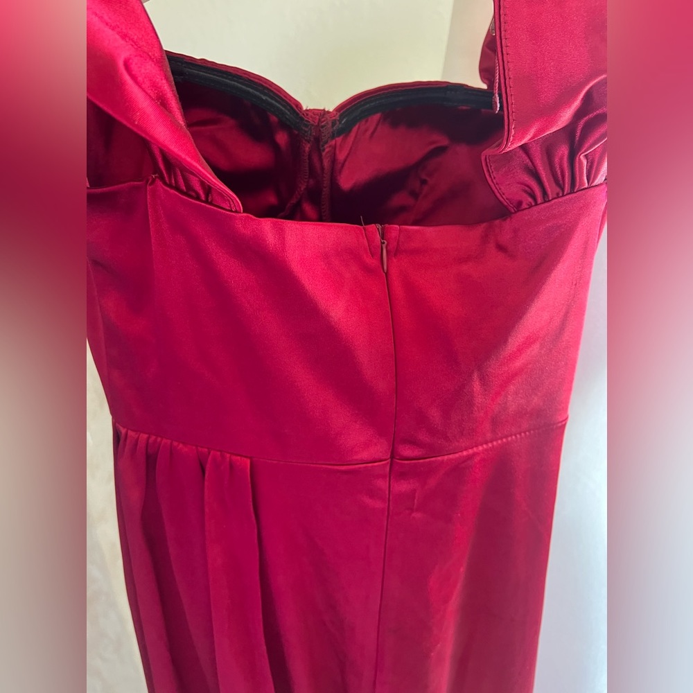 SLIT THIGH DRAPED SIDE BUSTIER SATIN BURGUNDY DRESS - Picture 10 of 13